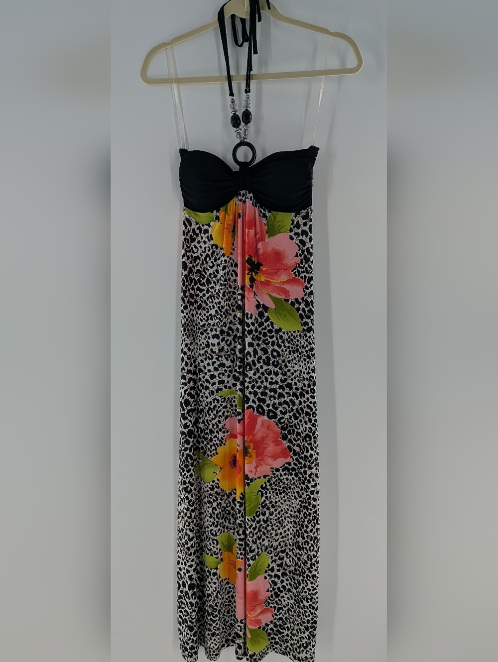VTG Janice Y2K Floral Leopard Print Halter Maxi Dress Beaded Ring Small